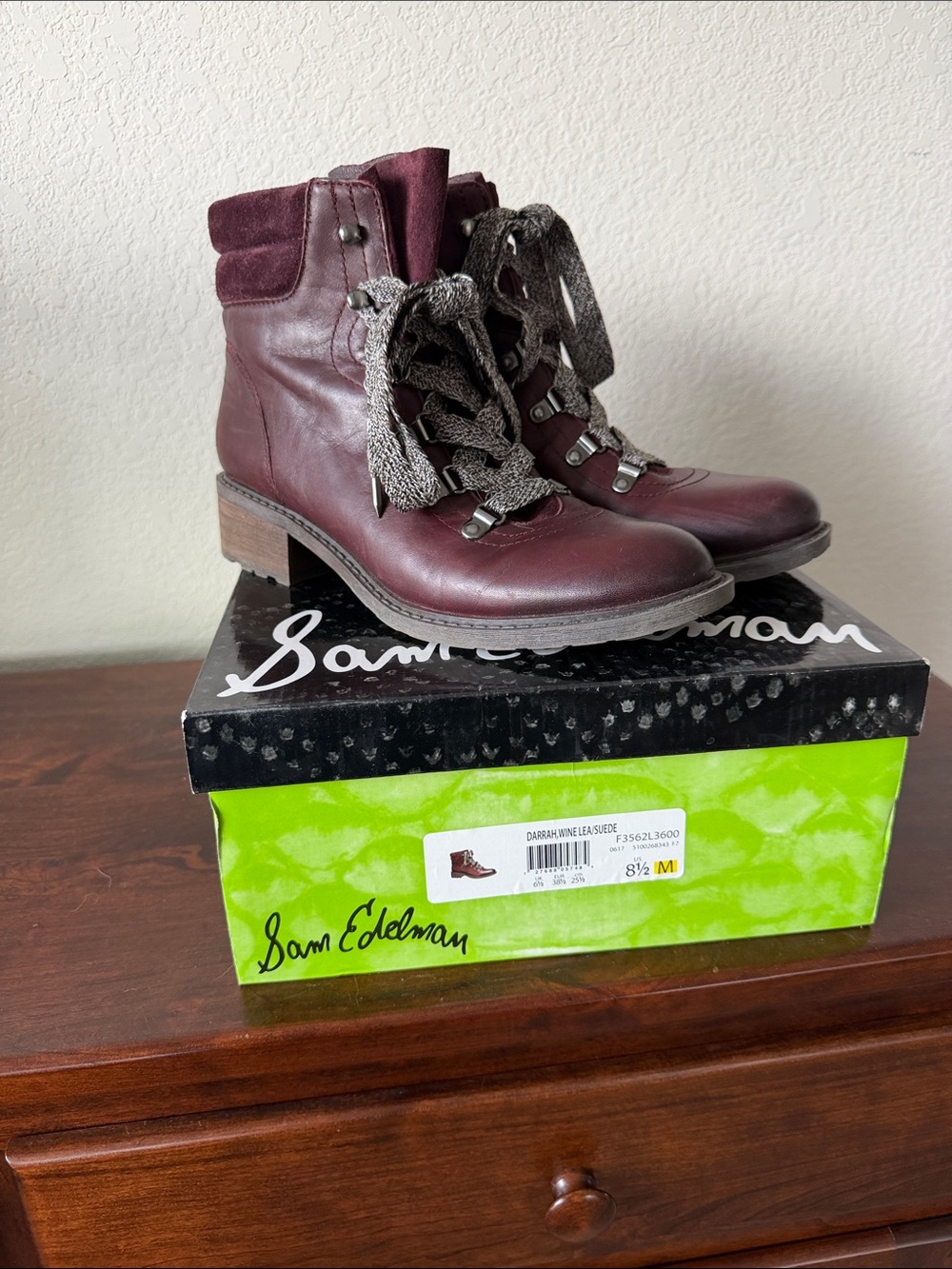 Sam Edelman Darrah Wine Leather/Suede Lace-Up Ankle Boots ladies 8 1/2 M